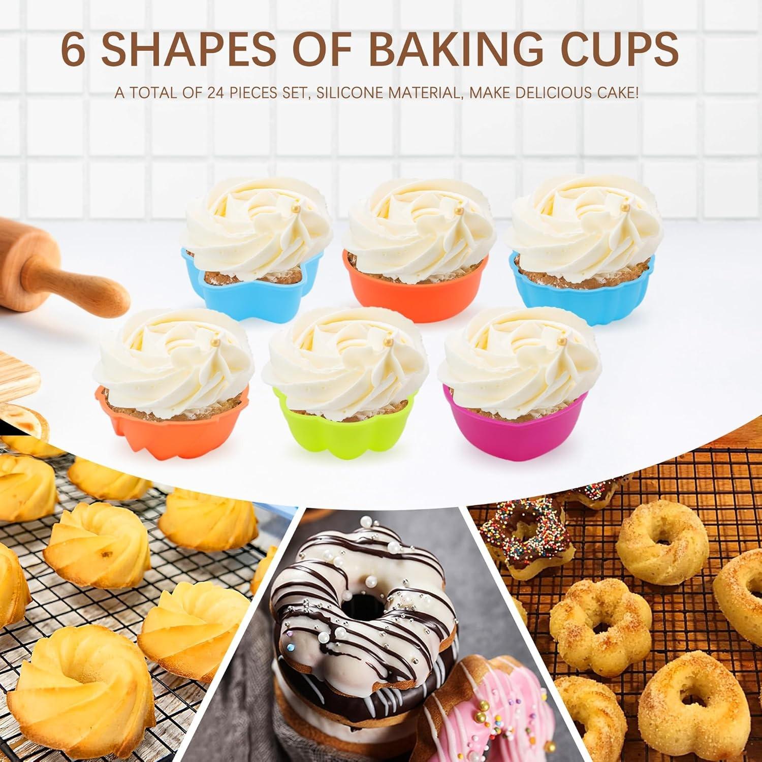 24 Pcs Silicone Cooking Molds, 6 Pcs Various Styles of Silicone Baking Cups, Non-Stick Cupcake, Donut, and Muffin Molds, Pastry Liners, Baking Supplies, Oven, Microwave, and Dishwasher Safe, Kitchen Appliance