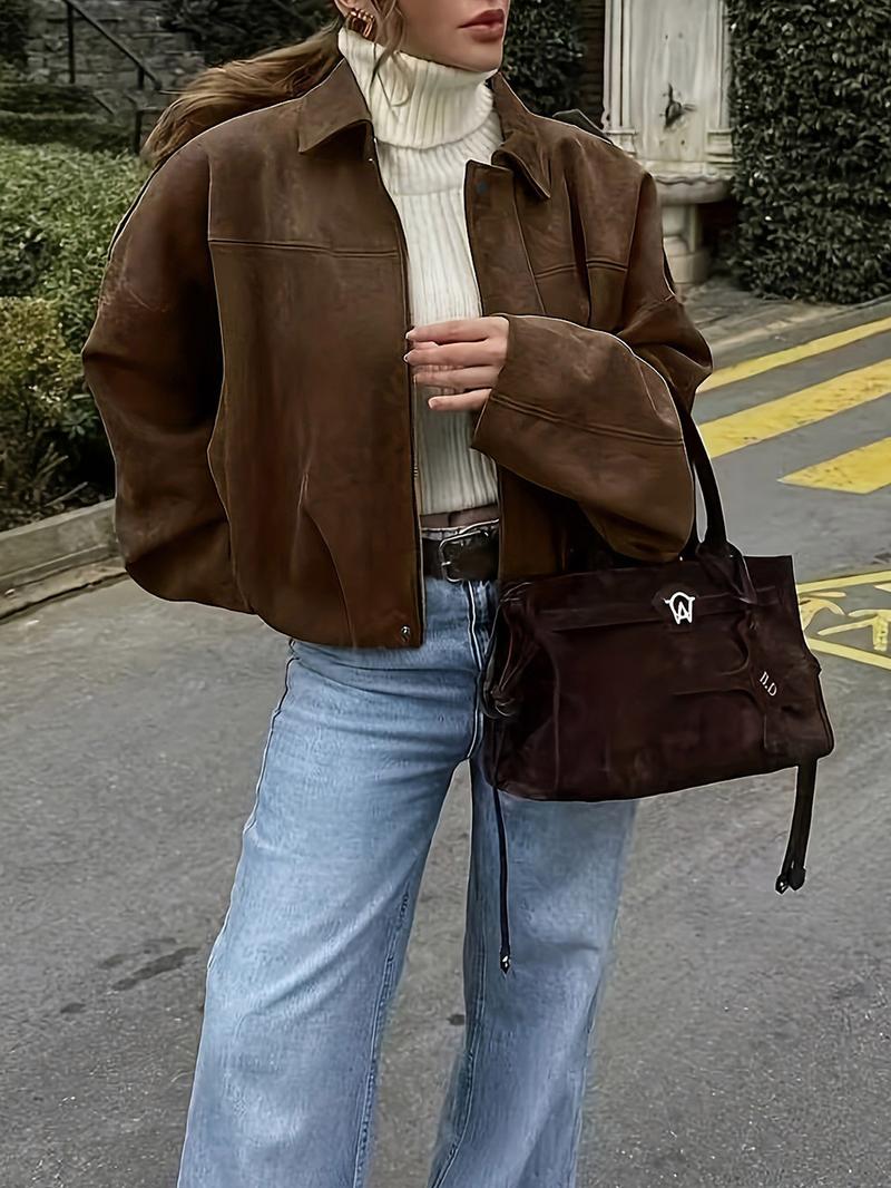 Women's Fall Winter Loose Fitted Suede Jacket, Short Batwing Sleeve Bomber Coat, Plain Leather Look Top, Zipper Neckline, Long Sleeve Vintage Style