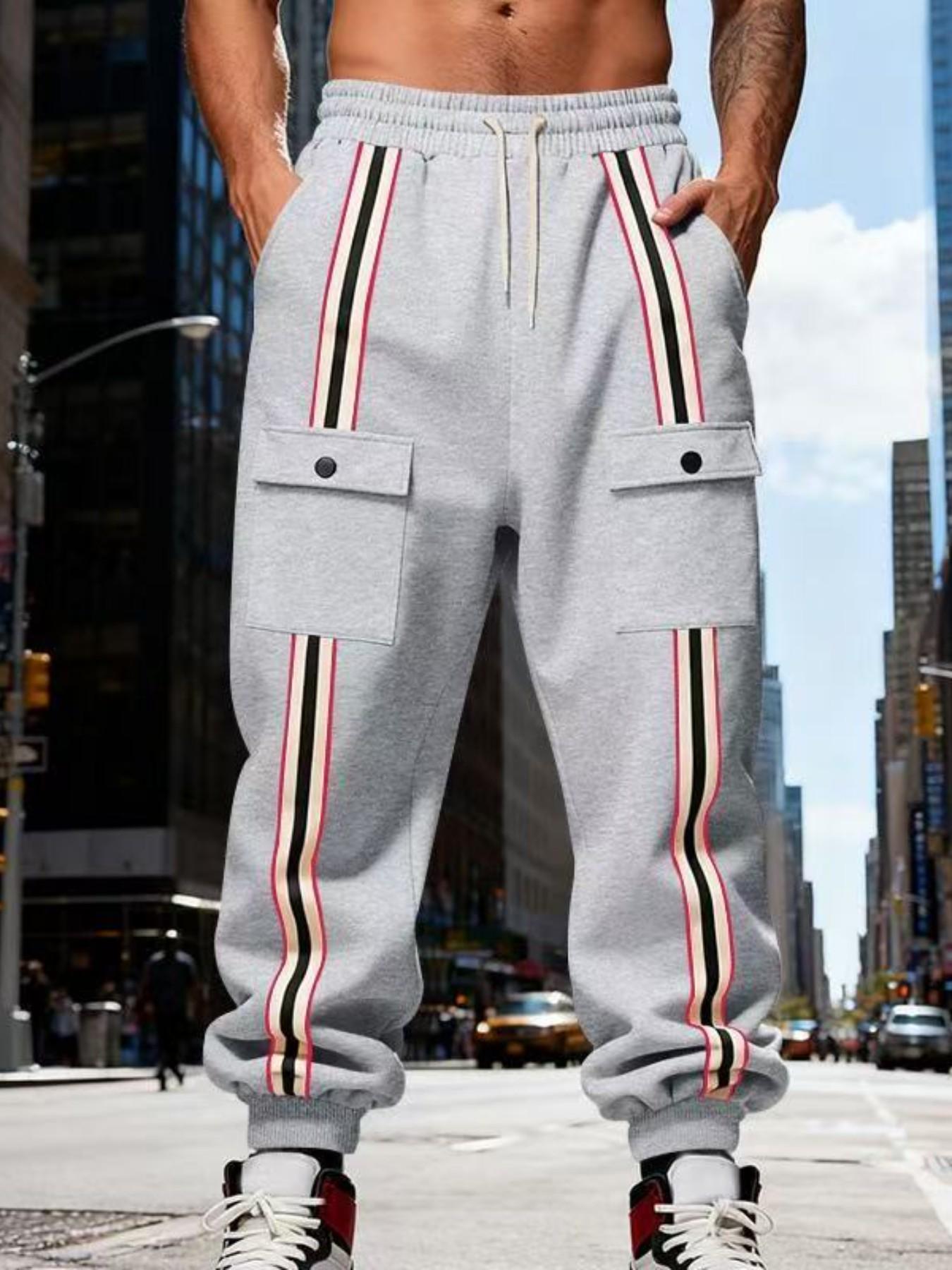 Men's Striped Cargo Jogger Pants, Casual Drawstring Waist Sweatpants, Flap Pockets, Streetwear Track Pants for Men, Comfortable and Stylish