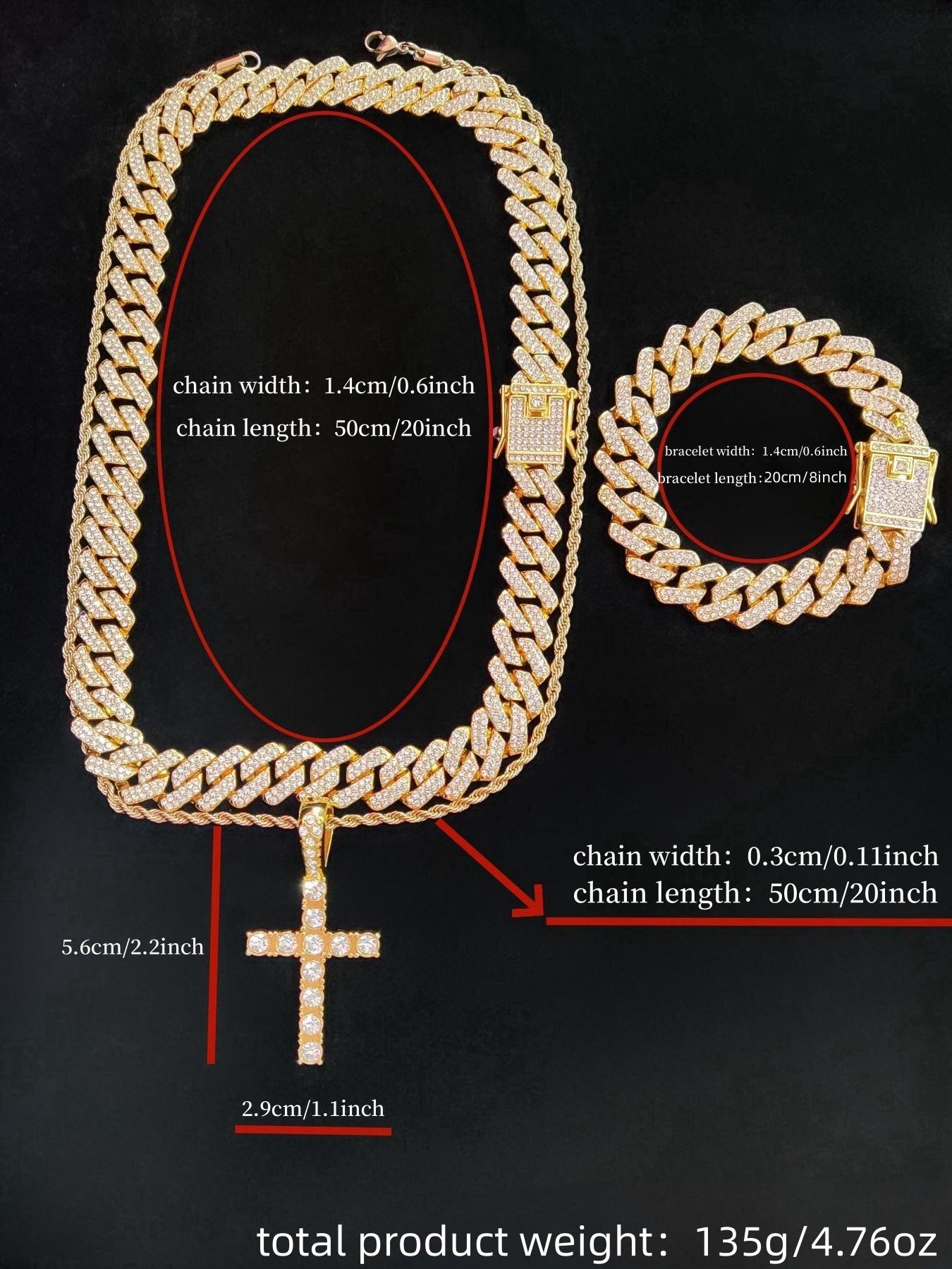 Rhinestone Cross Pendant Chunky Chain Necklace & Bracelet for Women & Men (3counts), Fashion Jewelry for Party, Daily Clothing Decor, Birthday Gift,  Charm Necklace