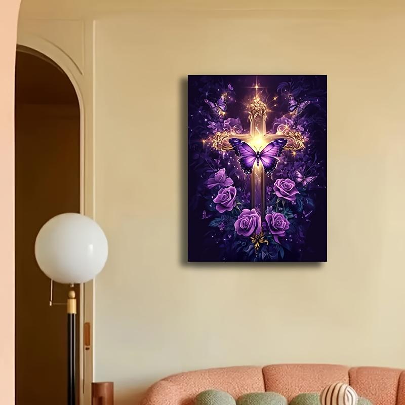 Classic American Style Vertical Frameless Wall Art - Dignified Cross with Purple Roses, Butterflies - Artistic Rose-Themed Colored Tranquil Wall Arts for Living Room, Bedroom - Home Decor Decoration Supplies, 12*8*1 Inch（20*30Cm)-Frameless, Print