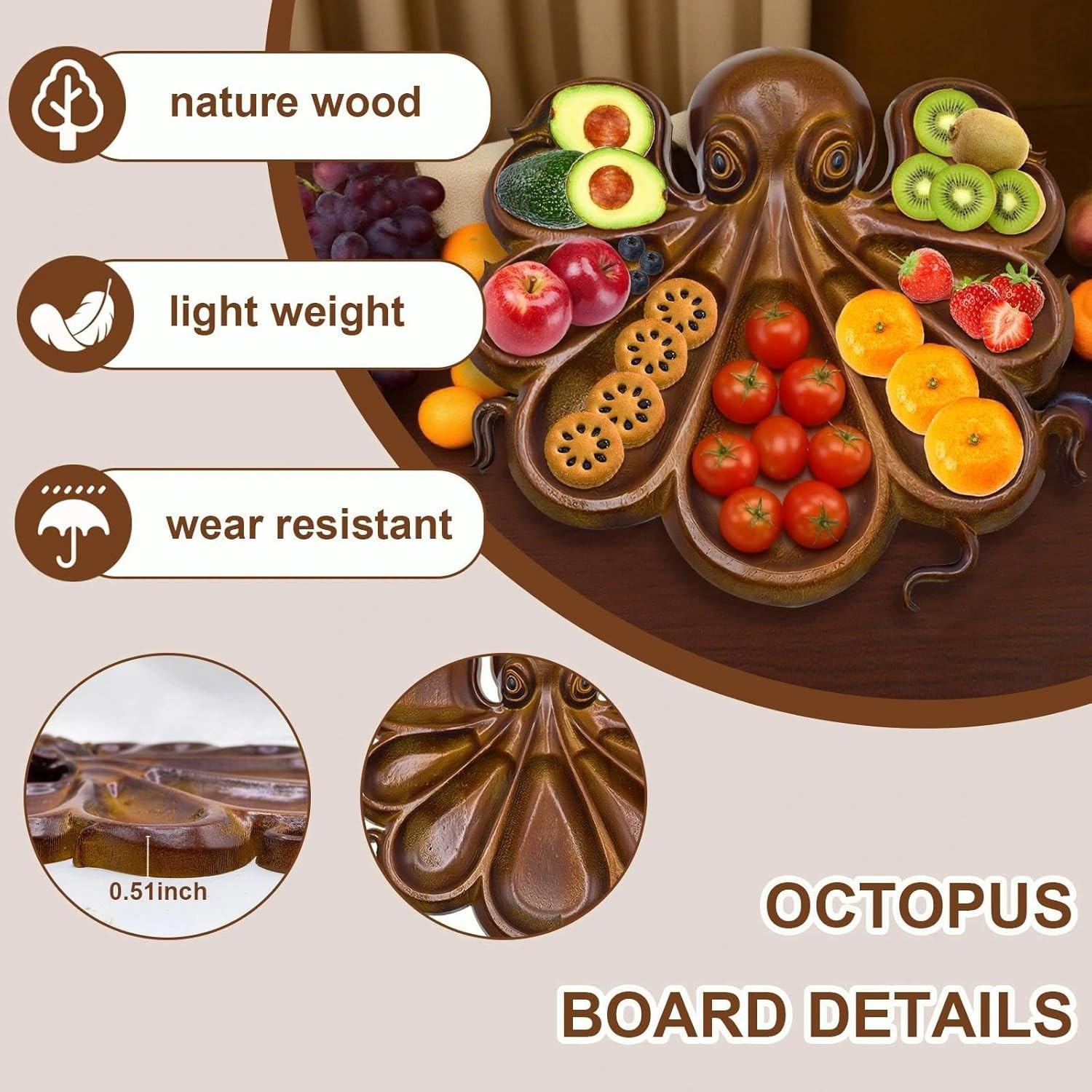 Octopus Wooden Serving Platter, Kraken Tentacle Design, Ocean Theme Tray for Cheese, Meat, Fruit, Bread & Snacks