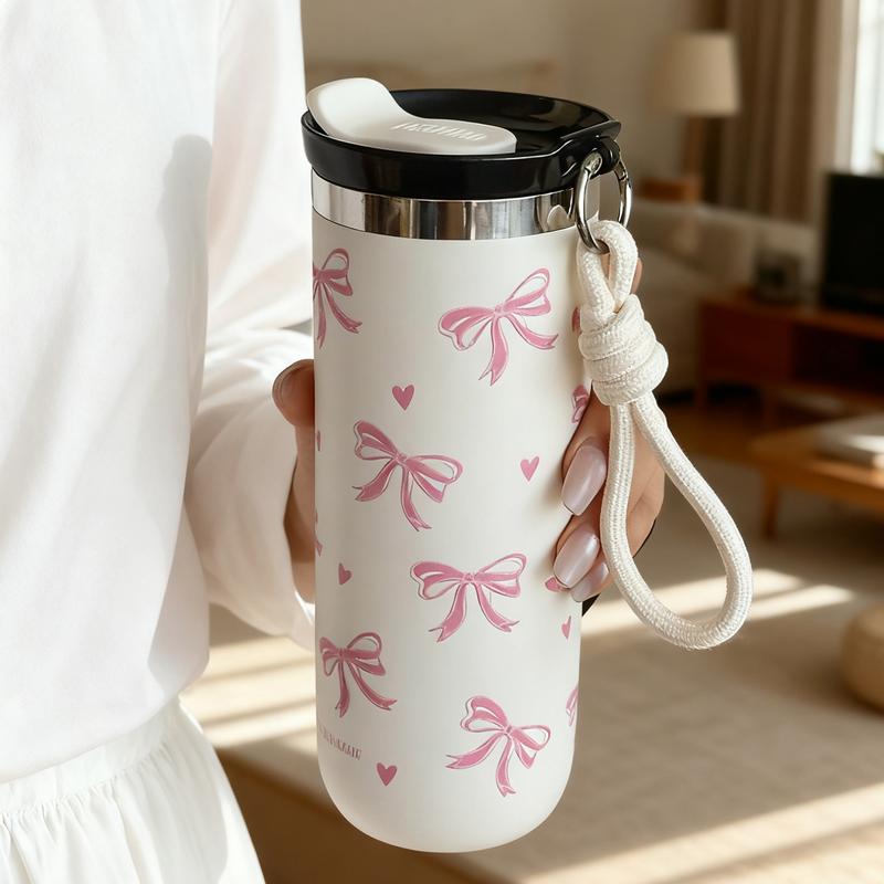 500ML Double-Layer Stainless Steel Insulated Travel Mug with Bow Pattern, Perfect Travel Cup for Home Office School & Car, Great Gift for Christmas Mother's Day Valentine's Day, Insulated Tumbler