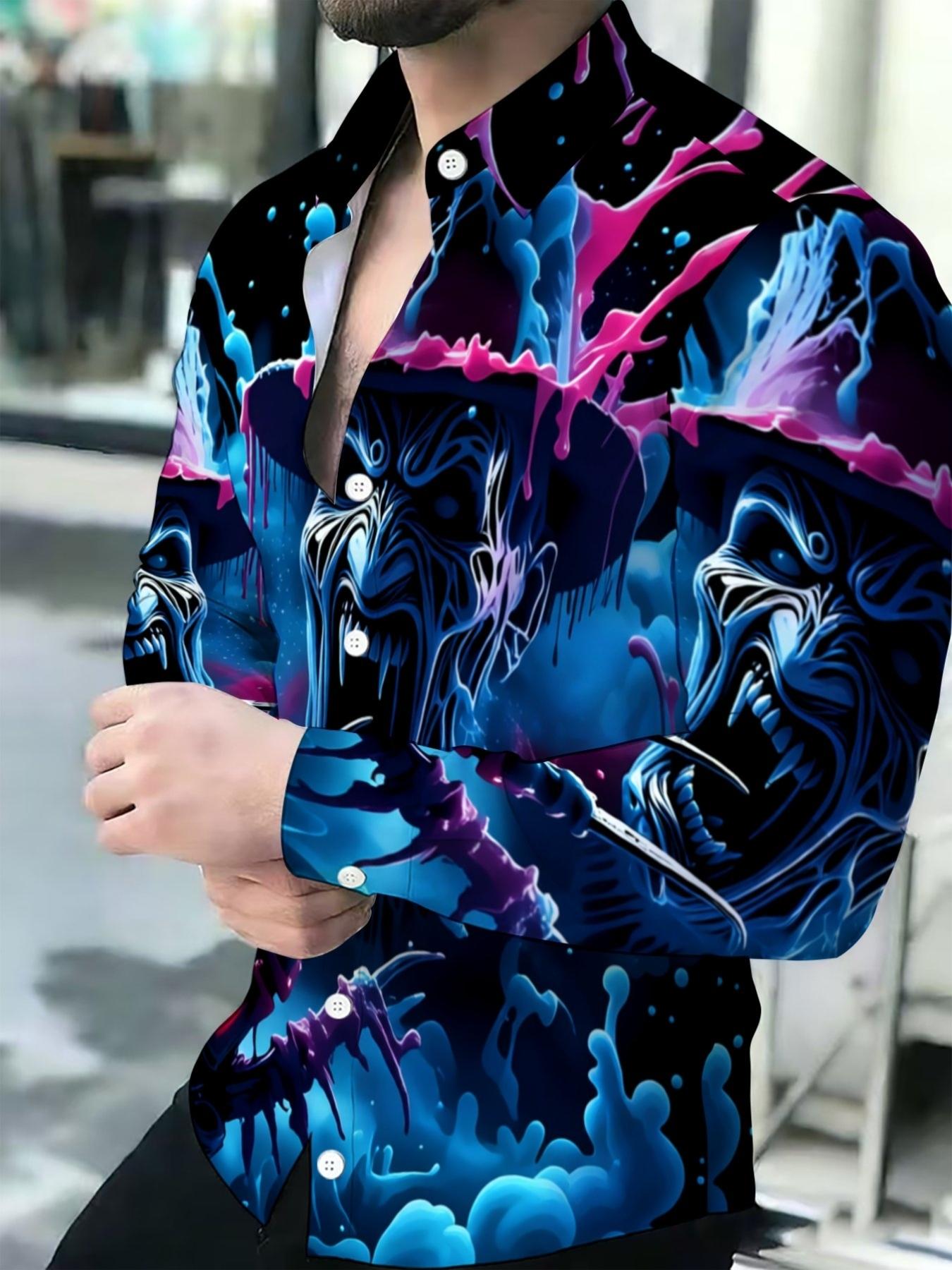 Men's Summer Long Sleeve Shirt Fashion Casual with a Freddy Krueger-style neon horror splatter print Button Shirt