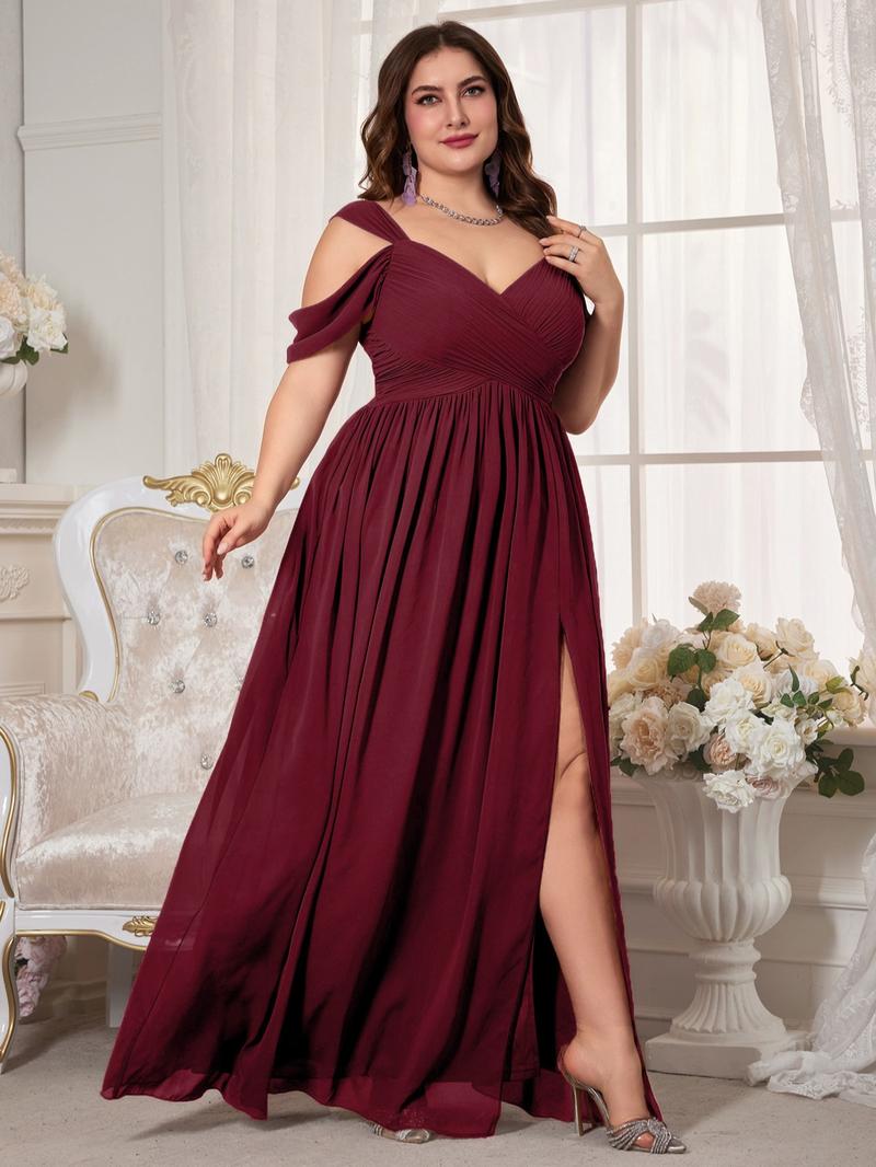 Elegant V Neck Backless Ruched Waist Chiffon Dress, High Slit Bridesmaid Gown, Pure Color Flowy A-Line, Perfect for Weddings