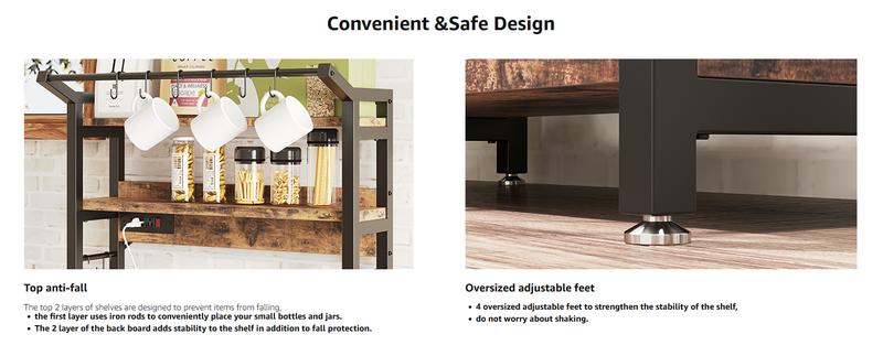 IRONCK Bakers Rack with Power Outlet, Microwave Stand with Storage, Coffee bar with 9 Hooks, 5 Tier Large Storage Capacity and Strong Metal Material for Kitchen, Vintage Brown Easy to Assemble IRONCK Bakers Rack with Power Outlet, Microwave Stand with Storage, Coffee bar with 9 Hooks, 5 Tier Large Storage Capacity and Strong Metal Material for Kitchen, Vintage Brown Easy to Assemble