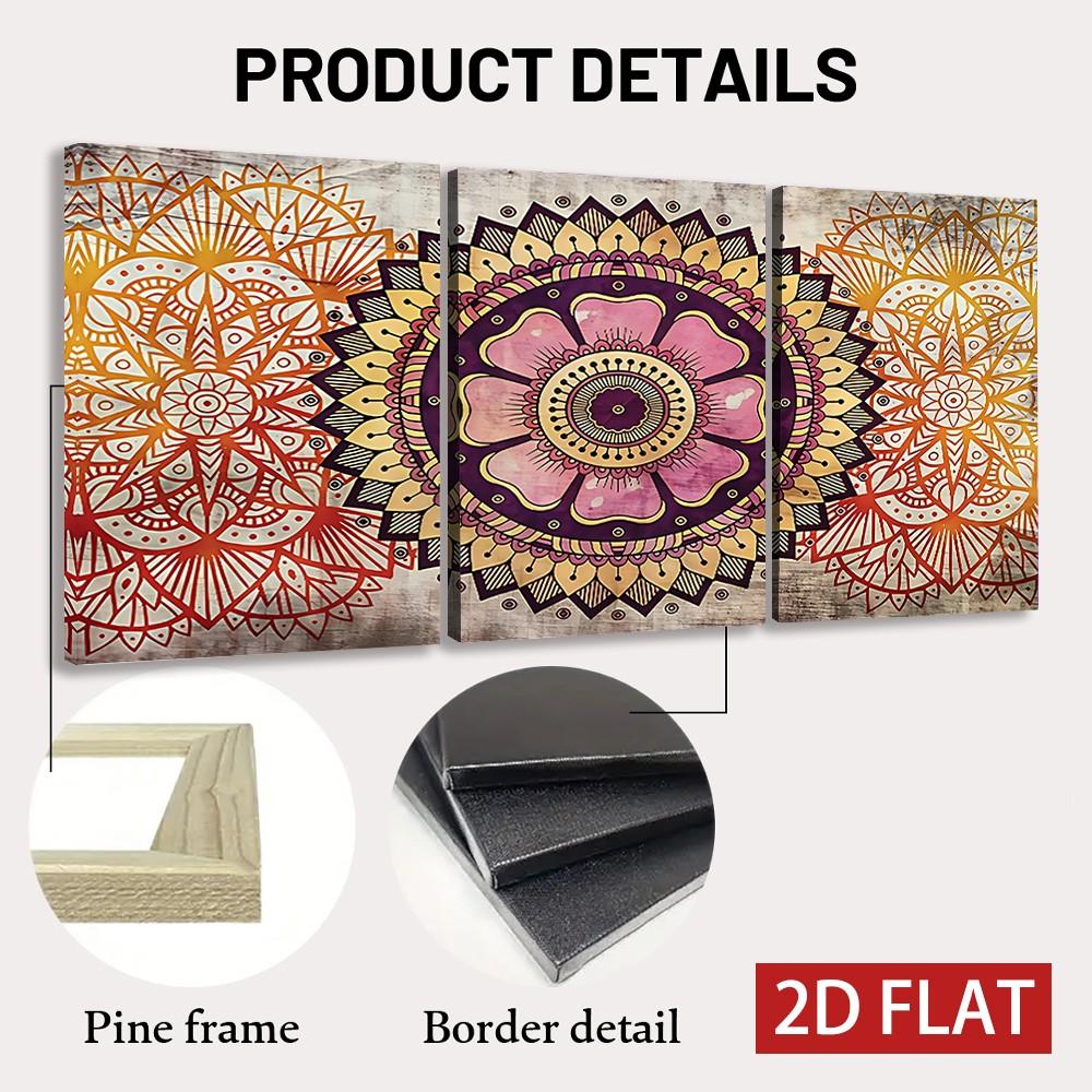 3pcs Mandala Pattern Decorative Wall Art, Vintage Style Wooden Frame Canvas Prints, Living Room Sofa Background, Home/bed & Breakfast/office Decoration