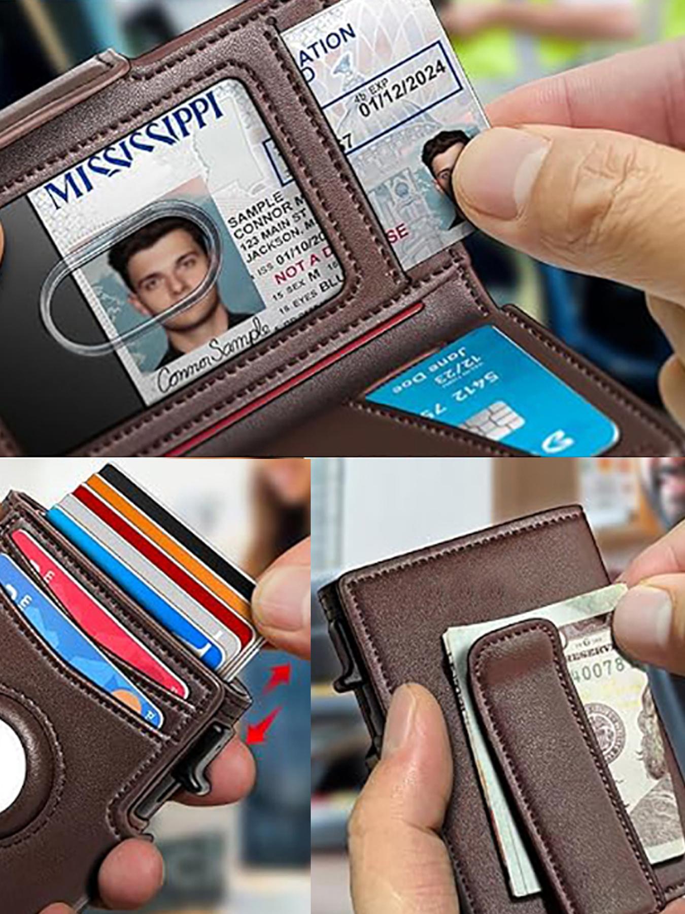 Men's Small Wallet Metal Automatic Card Holder ID Case Rfid Anti-Theft Credit Card Clip Airtag Compatible Lost Prevention Purse