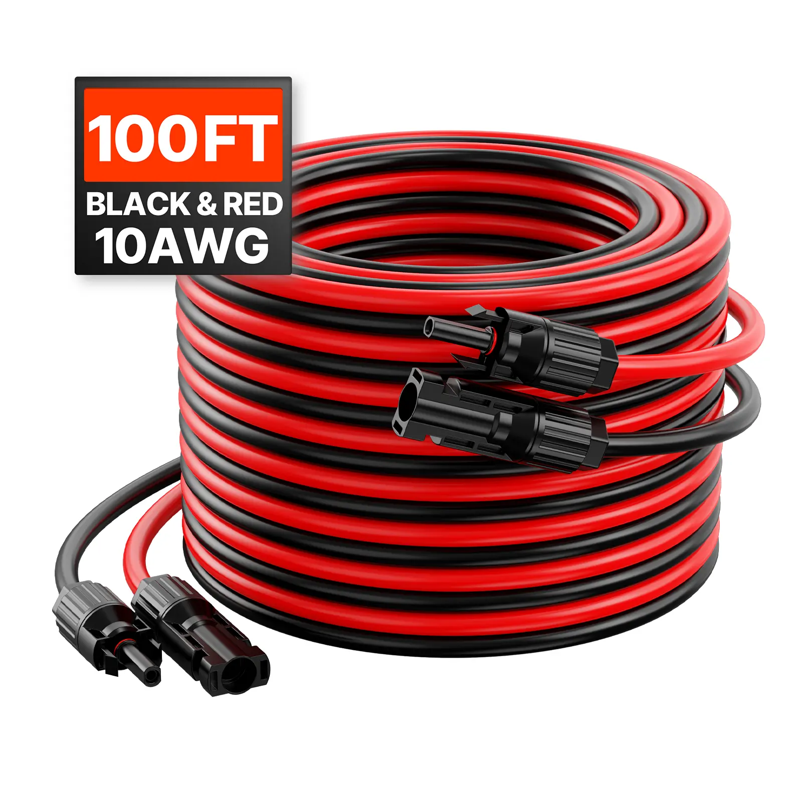 100FT Solar Panel Extension Cable, 10AWG Solar Extension Cable Wire with Female & Male Waterproof Connectors, 6mm² PV Cable for Home, Ship and RV Solar Panels, 100FT Black + 100FT Red (Set of 2)