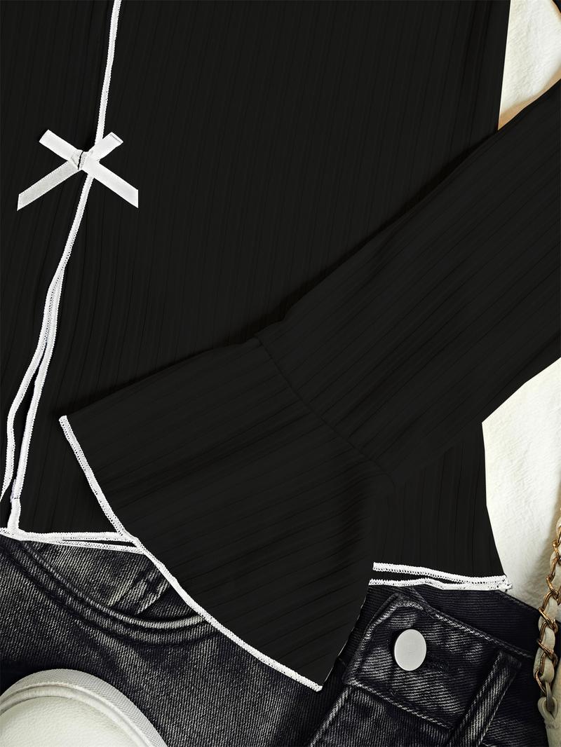 Women's Spring & Fall Ice Silk Pajama Set, Sweet Bow Trim V Neck Long Sleeve Top, Elastic Waist Pants, Casual Home Wear Women's Spring & Fall Ice Silk Pajama Set, Sweet Bow Trim V Neck Long Sleeve Top, Elastic Waist Pants, Casual Home Wear