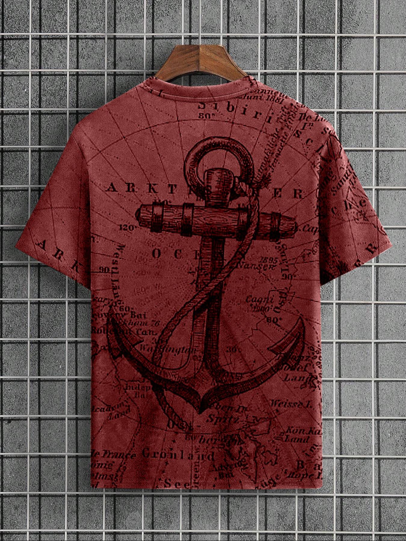 Men's Letter & Anchor Print Round Neck Tee, Summer Clothes Casual Regular Fit Short Sleeve T-Shirt for Summer, Mens Clothes for Daily Wear