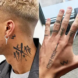 Men's Waterproof Temporary Fake Tattoo Set, Viking Symbol & Mystic Totems Design, Long-Lasting Summer Hand Neck Tattoos, 15 Days Wear