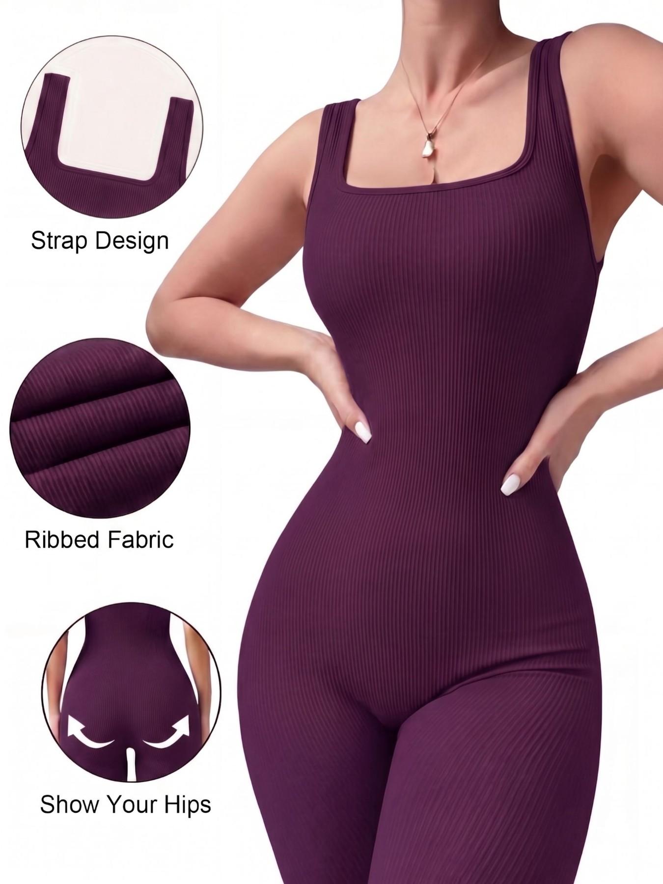 1/2PCS Women's Yoga Capri Jumpsuit Square Neck Backless Tummy Control Butt Lifting, Yoga Workout Jumpsuits Workout Shorts Romper Seamless Ribbed Sleeveless Unitard Fitness Gym for Gym Sports