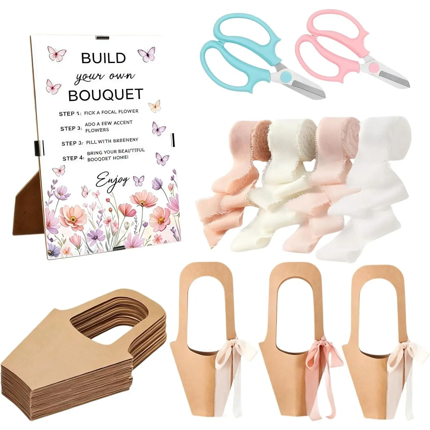 NUOLUTH 37 Pcs Flower Bar Supplies Include Flower Bar Sign 30 Bouquet Wrapping Gift Bags 4 Chiffon Ribbon 2 Garden Scissors for Floral Bloom Wedding Bridal Shower Spring Decor (Handle)