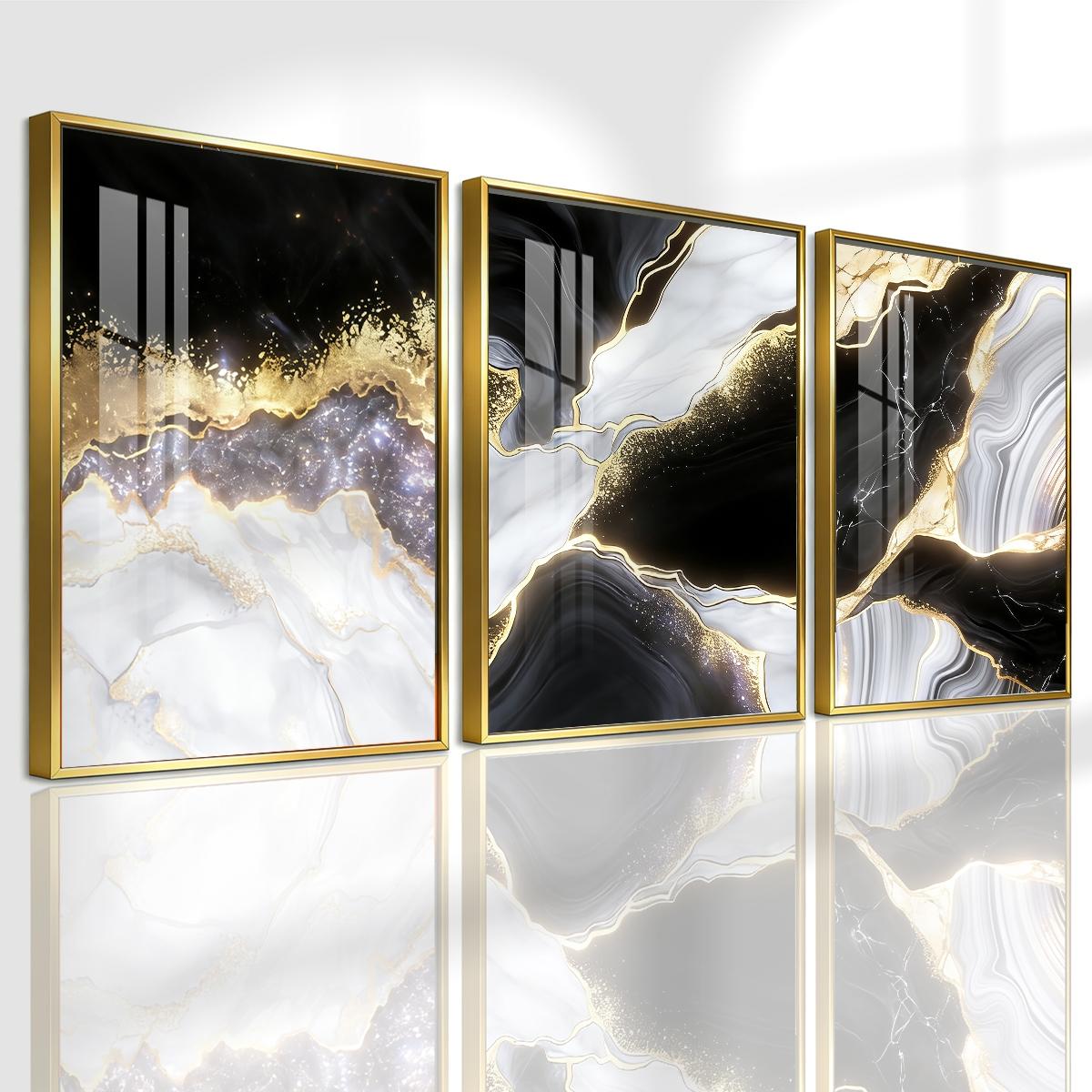 3 Counts Aluminum Alloy Framed Painting, Black White Gold Abstract Marble Art Pictures, Home Decoration For Living Room, Bedroom, Office, Restaurant, Hallway Wall Decor, Odorless Print Artwork, Luxury Perfect Gift For Friends And Family