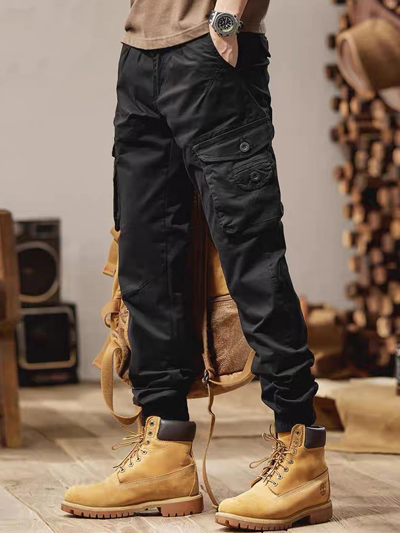 Men's Solid Pocket Cargo Pants, Loose Casual Drawstring Waist Trousers for Men, Woven Bottoms for All Seasons
