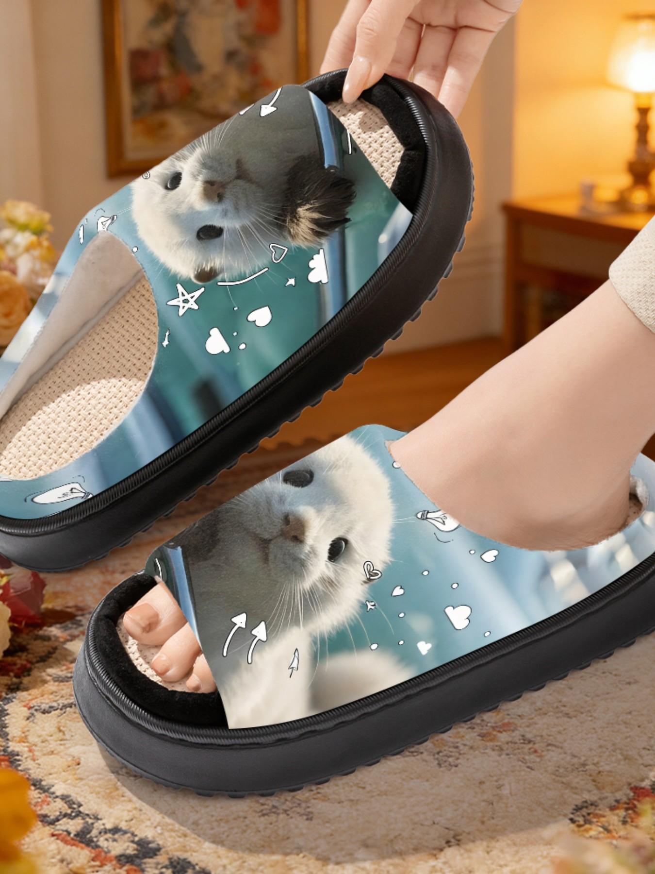 Cute Otter Print Linen Open-Toe Sandals, Casual Textile Eva Sole, Less Than Ankle Height, Cartoon Pattern, All Seasons Footwear