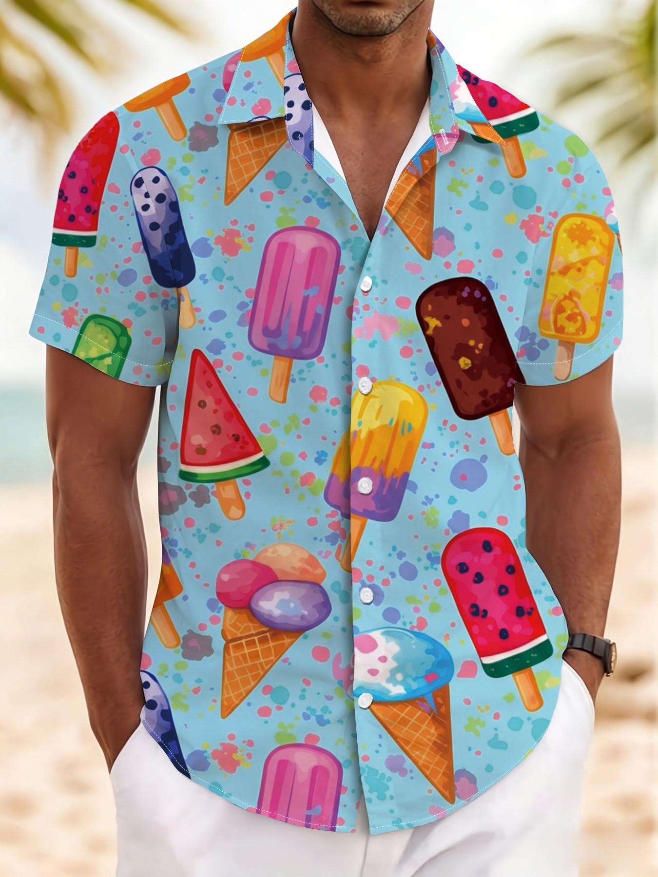 New Summer Men's Short Sleeve Shirt, Cartoon Ice Cream Full Print, Casual Breathable Beach Holiday Hawaiian Shirt, Slim Fit