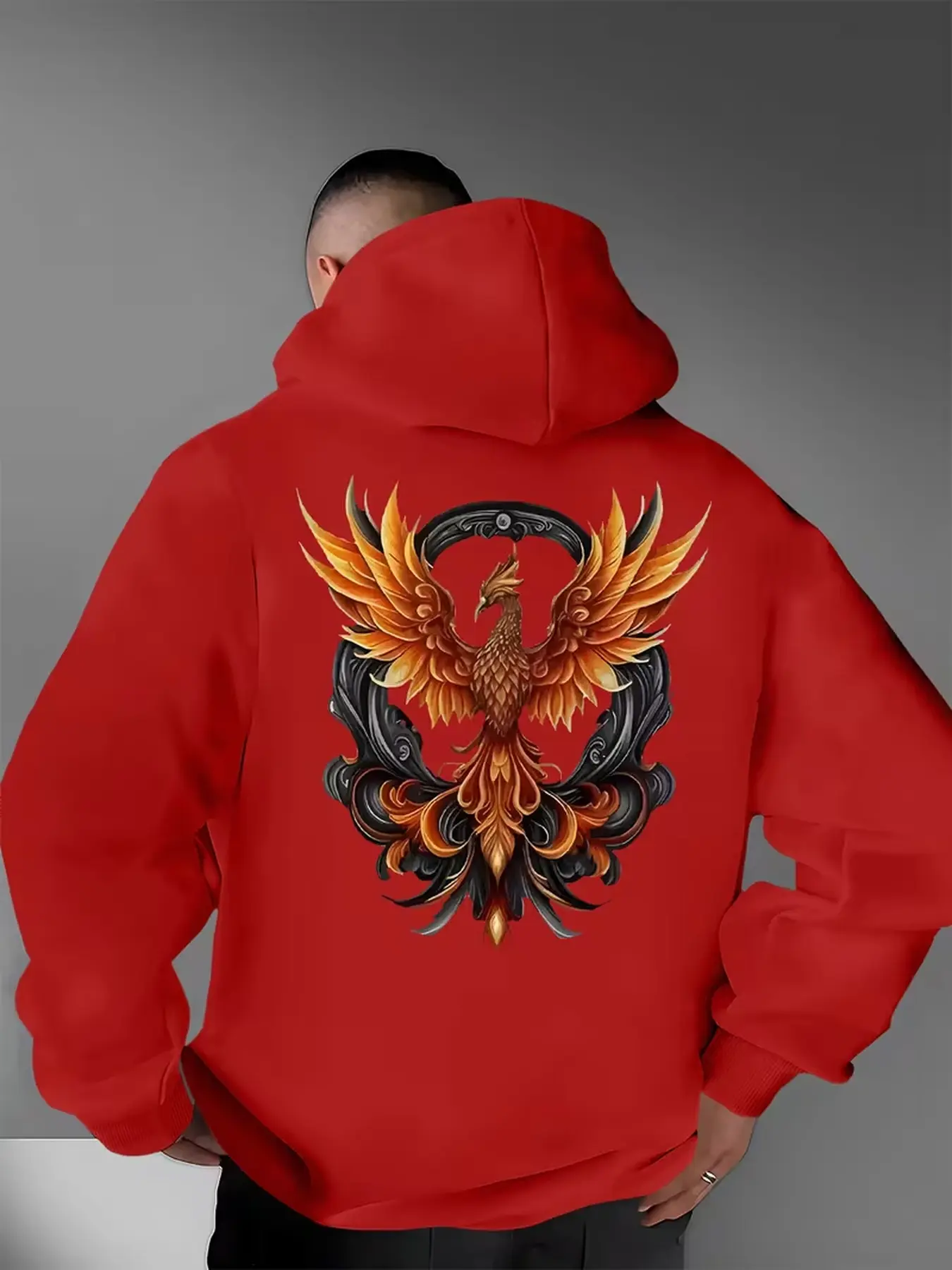Men's versatile casual pullover hoodie with fashionable phoenix print, comfortable sweatshirt suitable for home wear and outdoor daily outfits.