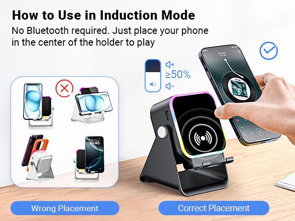 Wireless Induction Speaker With Colorful Ambient Light 360 Adjustable Phone Holder for iPhone Android Samsung Phone Speakers