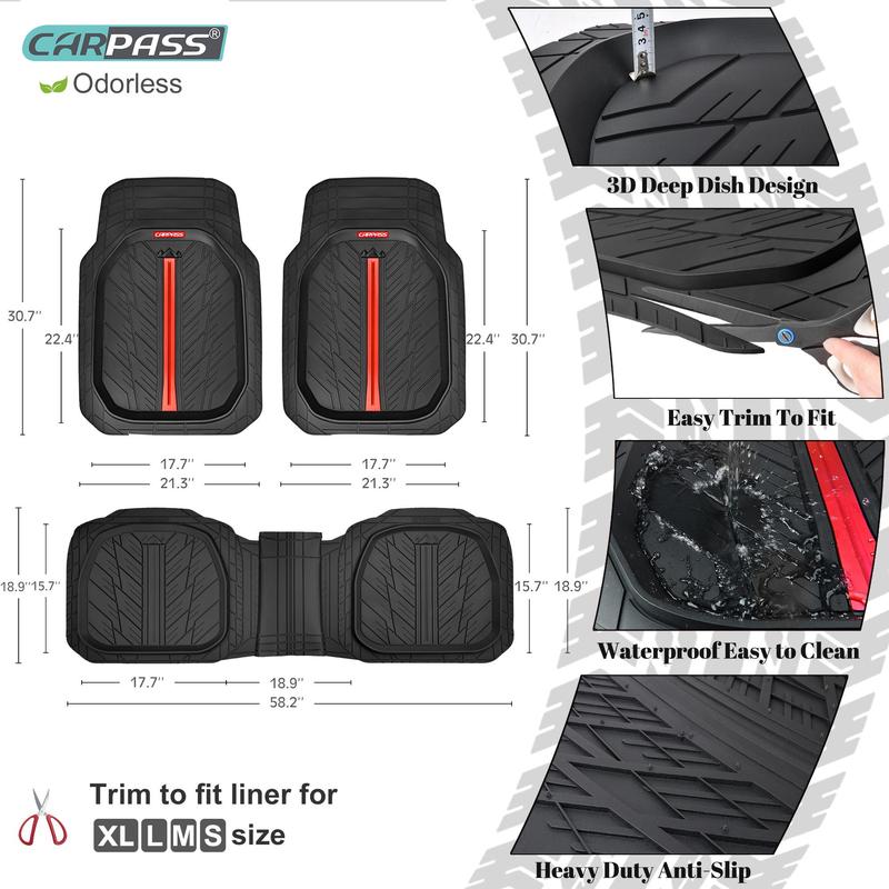 CAR PASS Tire Tread DeepDish Rubber Floor Mats，Heavy Duty car mats， Universal XL~M ，Fit for Truck SUV Vehicle Automotive, Waterproof car mats 3 Piece