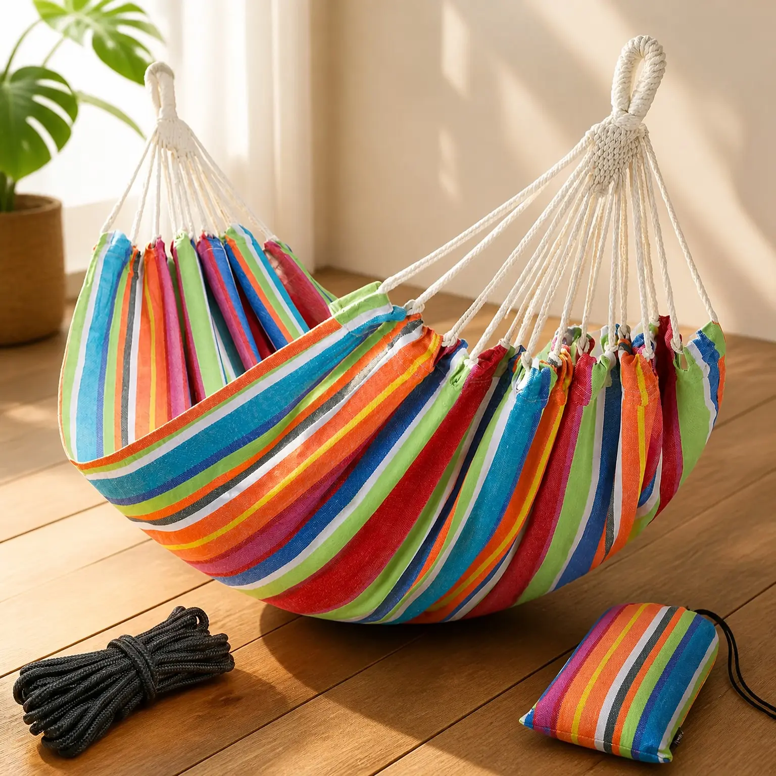 Extra Large Brazilian Double Hammock with Hanging Ropes 86.6x59” Portable Cotton Hammock for Patio Backyard Porch 450LBS Weight Capacity Perfect for Outdoor Indoor Color StripesGift