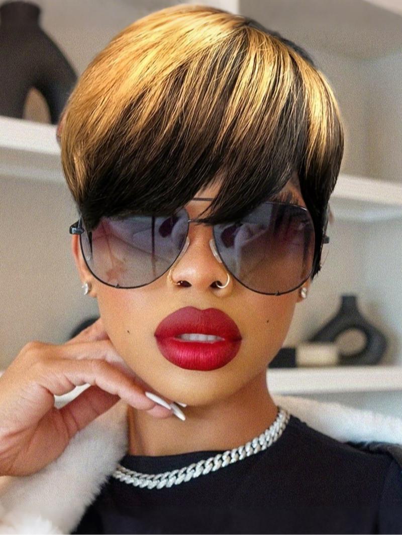 1b/27 Honey Blonde Ombre Color Short Wavy Bob Pixie Cut Wig, Full Machine-Made Human Hair, with Bangs for Women, Stylish & Versatile Design