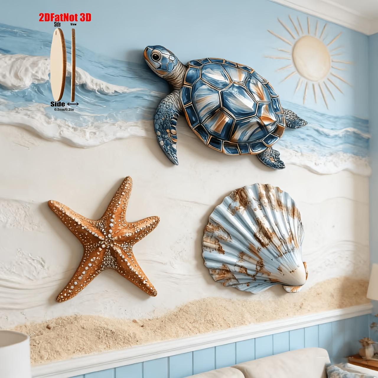 2dp Wooden Wall Decor Set, Turtle Shell Starfish Ocean Style, Suitable for Living Room Kids Bedroom Bathroom Coastal Art