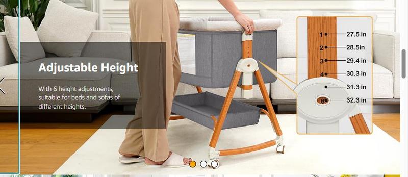 3 in 1 Bassinet Bedside Sleeper, Bedside Crib with Wheels, Mosquito Net, Mattress, 6 Height Adjustable Baby Bed for Infant Newborn (Grey)