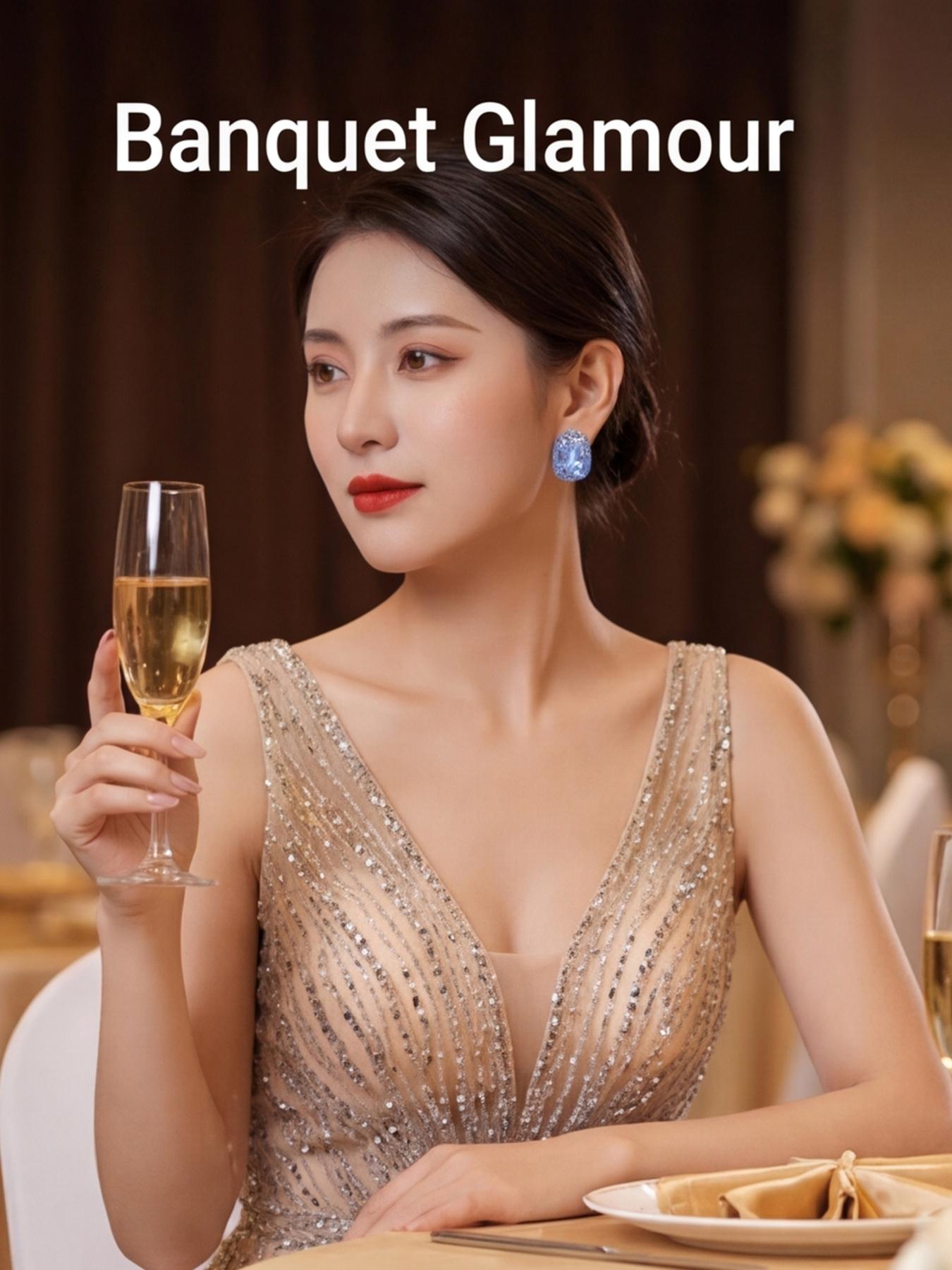 Women's Hypoallergenic Luxury Cushion Cut Blue Sapphire Crystal Stud Earrings, Gold Plated Halo Rhinestone Inlaid Statement Earrings for Evening Party Wedding Formal Wear & Gift