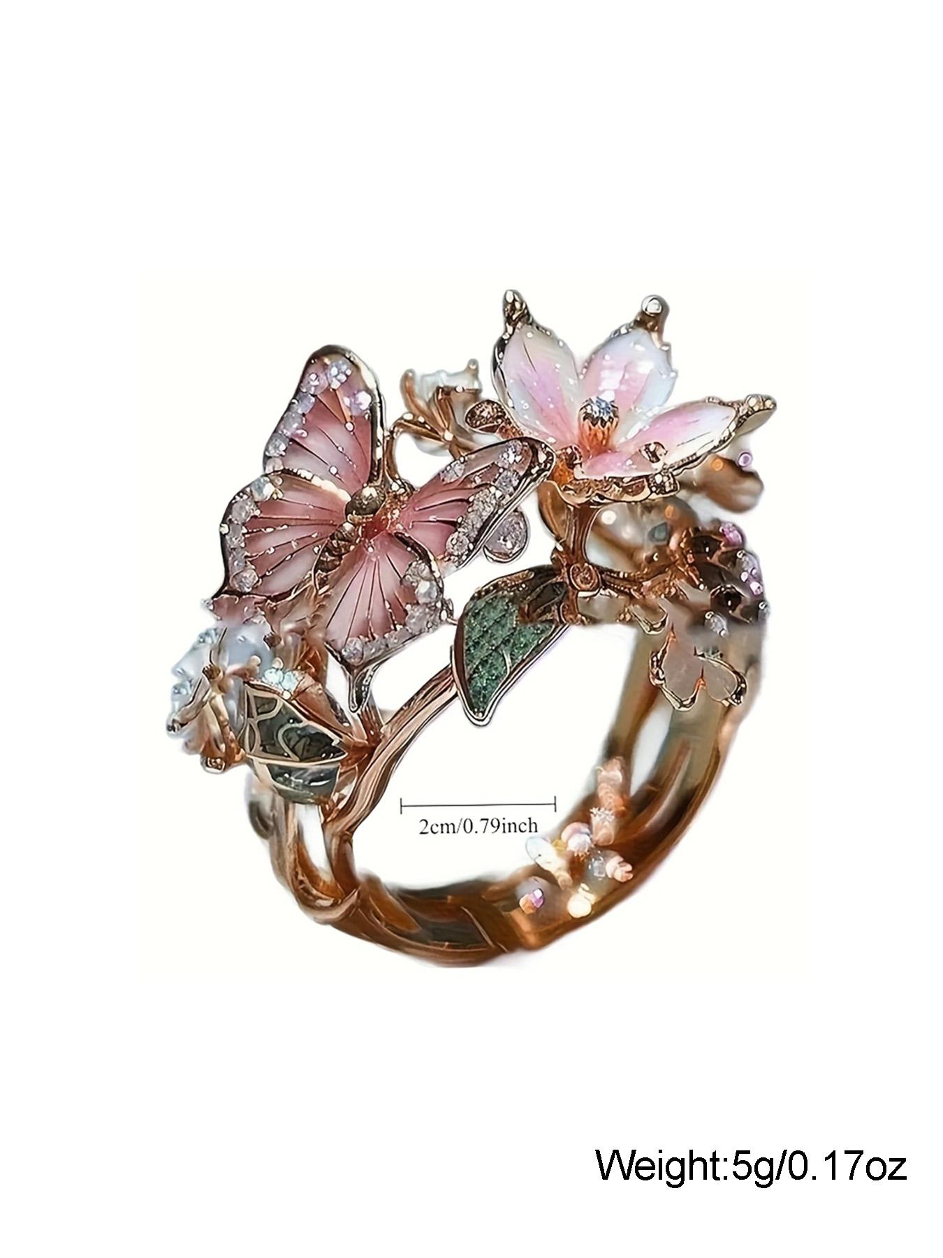 Mother's Day Gift Butterfly Flower Oil Drop Ring for Women, Statement Ring, Elegant Casual Ring, Leaf Accents, Floral Design, Daily Fashion Accessory, Perfect Holiday Gift