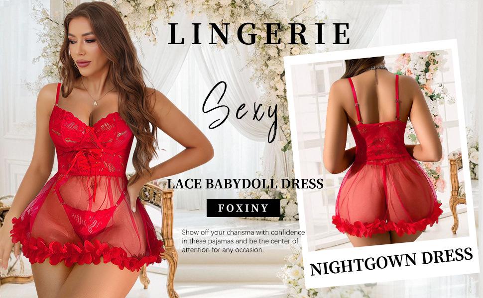 Women's Red Floral Lace Sheer Mesh Babydoll Lingerie Set - Polyester Fits, Spaghetti Straps, Front Tie Chemise Dress With Matching Thong, Valentine's Romantic Sleepwear, S-XL, Babydoll Set, Romantic Gifts For Girlfriend, Women's Lace Set
