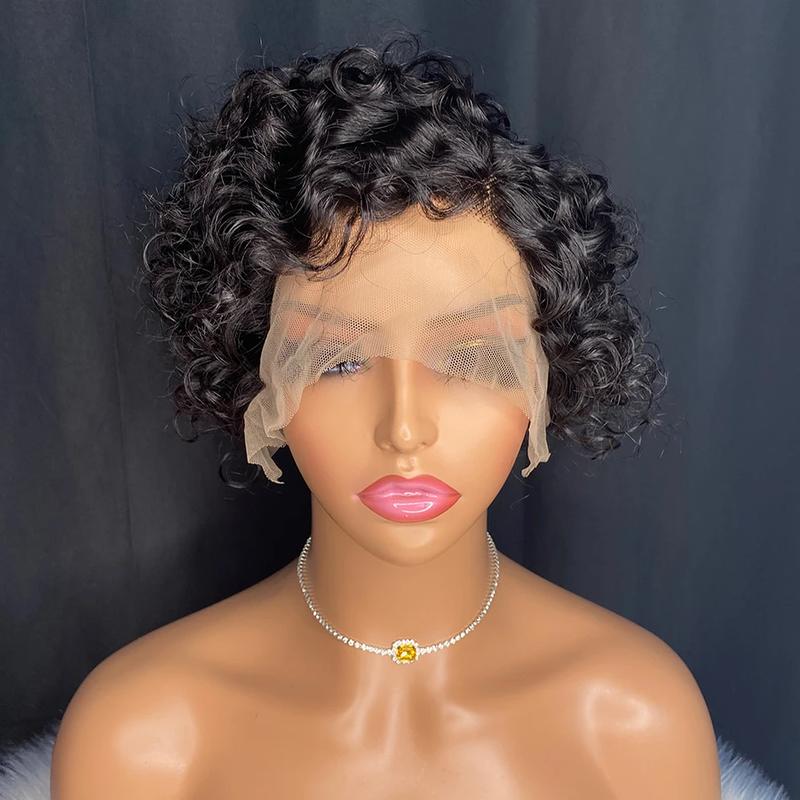 Cikana Hair Pixie Cut Deep Curly Human Hair Wigs Short Bob Wigs Wave Transparent 13x4x1 T part lace closure Wigs For Woman Brazilian 150%