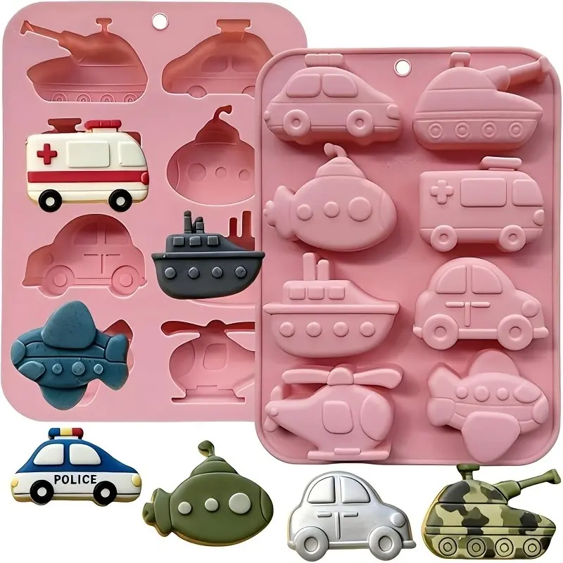 8-Piece Silicone Chocolate Mold, Mixed Vehicle Shapes, Tank, Taxi, Submarine, Ship, Helicopter, Plane, DIY Crafts, Ice Cubes, Soap, Candle, Cake Decor