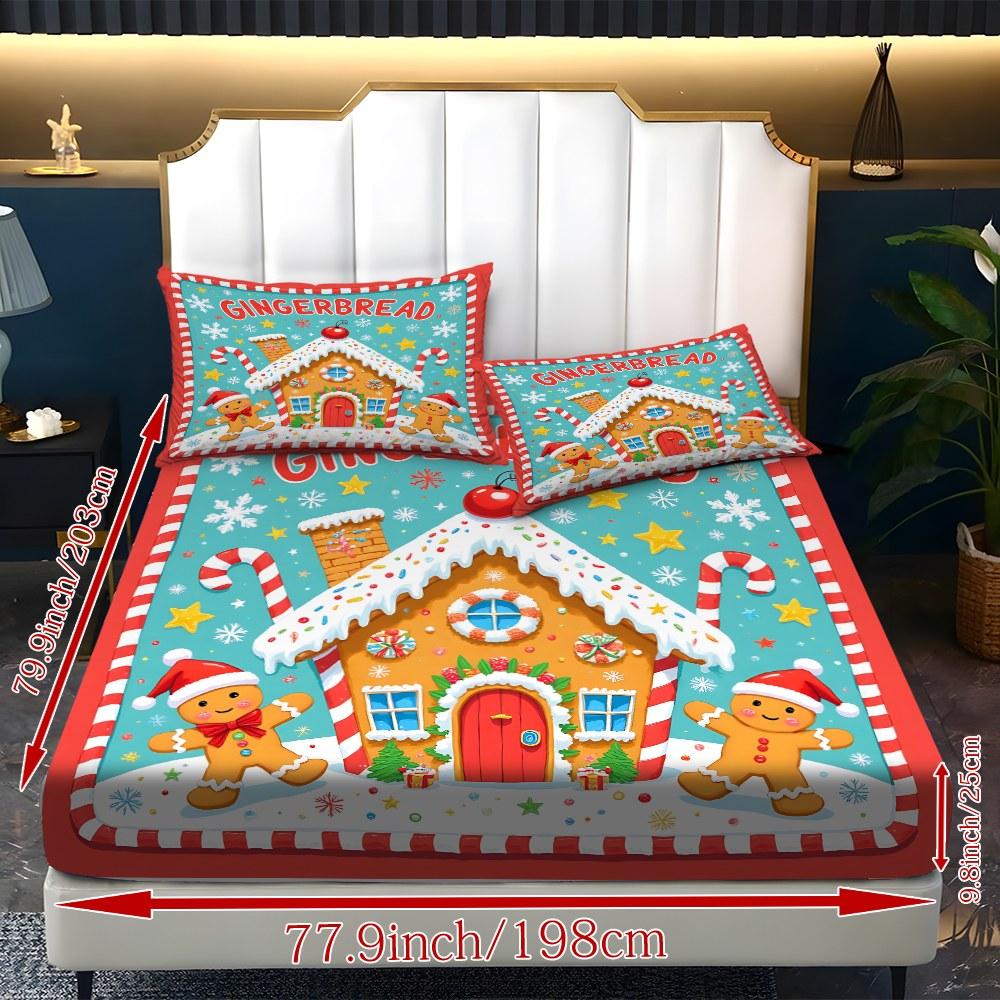 Fitted Sheet 3-Piece Set 2D Flat Gingerbread Man Pattern Mattress Cover (1 fitted sheet + 2 pillowcases, no insert), stylish, soft, and comfortable sheets, skin-friendly and breathable bedding, suitable for family bedrooms and guest rooms, all year round.