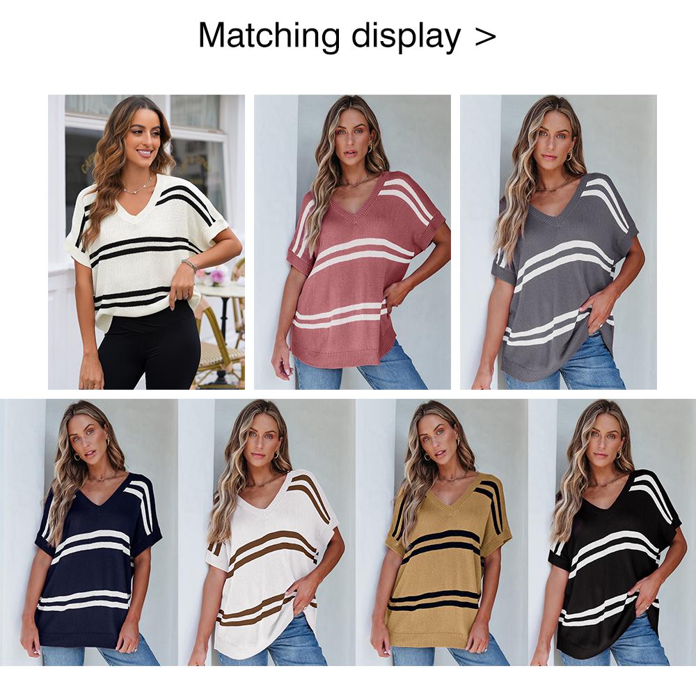 Shewin 2026 SummerVibes Top Women's Short Sleeve Loose Fit Acrylic Striped Stretchy for Casual Wear