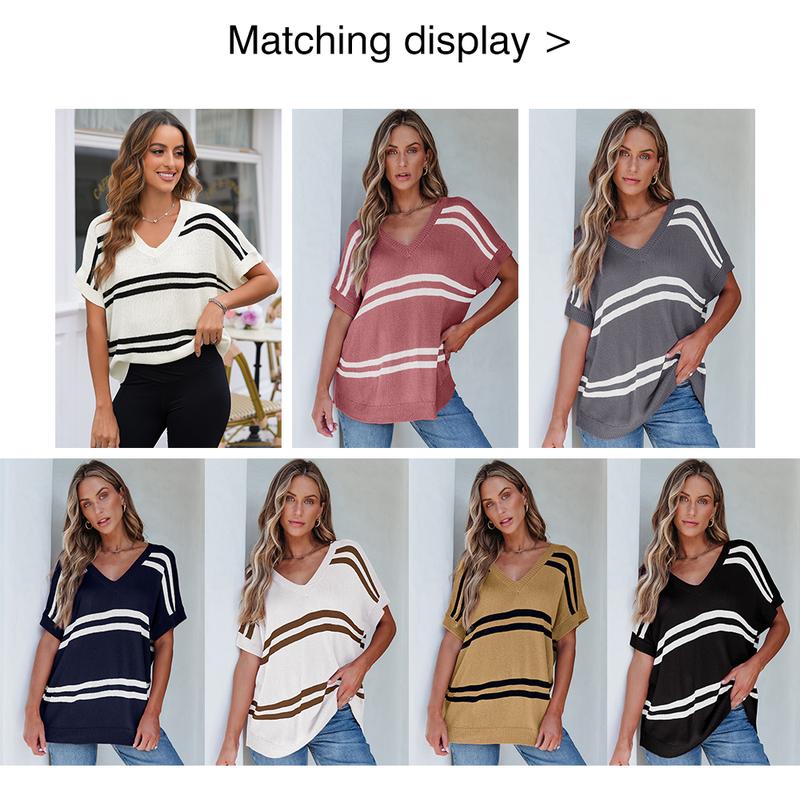 Shewin 2026 Spring/Summer Women's Oversized Knit Sweater Pullover Cozy Striped Crewneck Batwing Sleeve Stretchy Acrylic Top