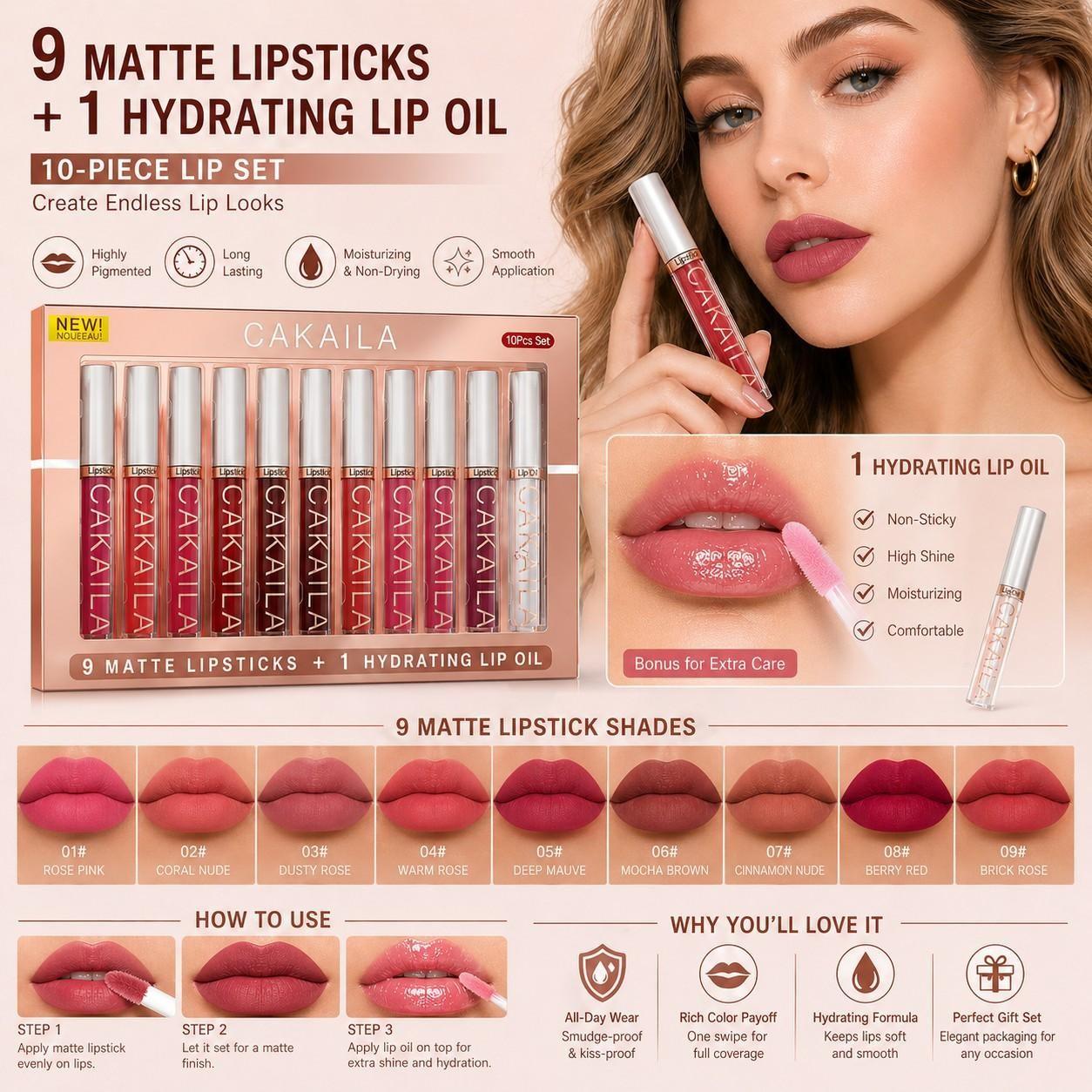 10Pcs Matte Lip Tint Set, Waterproof Transfer-Proof Lipstick, High Pigment Velvet Smooth Lip Gloss, Long Lasting Daily Lip Makeup, Gift Choice For Women