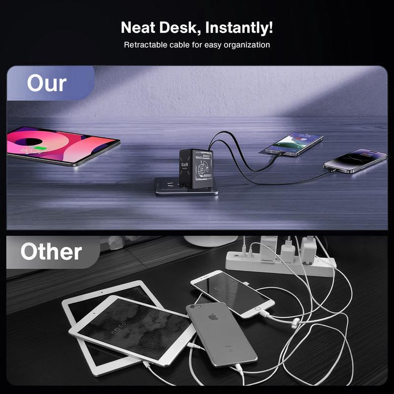 GaN Charger Compatible with 120W Fast Charger with Retractable Type-C and ligting Cable,Portable Adapter for iPhone 16, iPad, MacBook,  Multi-Device Fast Charging, Folding Charing Cellphone Electronic