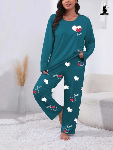 Plus Size Heart Letter Print Comfortable 2-Piece Set, Casual Long Sleeve Pajama Pants Suit, All Seasons Fitted Knit Fabric Loungewear Plus Size Heart Letter Print Comfortable 2-Piece Set, Casual Long Sleeve Pajama Pants Suit, All Seasons Fitted Knit Fabric Loungewear