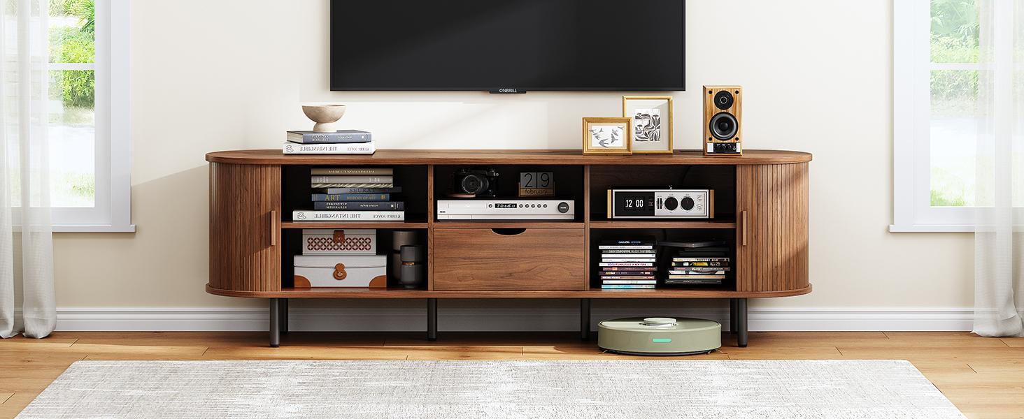 【Sliding Doors Design】ONBRILL 55"/63" Gorgeous Fluted TV Stand for TVs up to 60/70 Inch, Modern Entertainment Center with Power Outlet & Adjustable Shelves Storage for Living Room, Media Console,Bedroom Furniture,Christmas Gift