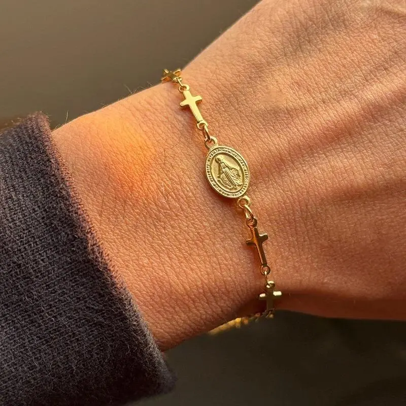Vintage Virgin Mary Bracelet For Women Prayer Beads Jewelry Stainless Steel Cross Accessories Bracelet Religion Hand Gifts