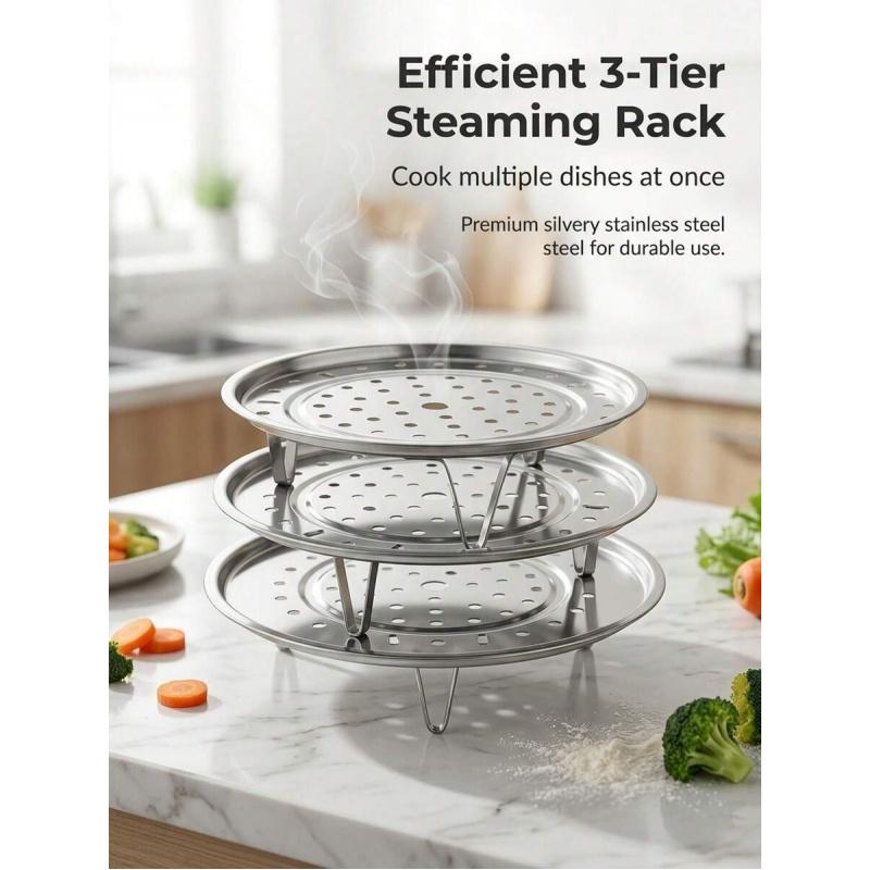3pcs Multi-Size (18/20/22cm) Stainless Steel Steamer Racks, Universal Fit Perforated Trays with Elevated Legs,  for Steaming Vegetables, Dumplings & Seafood