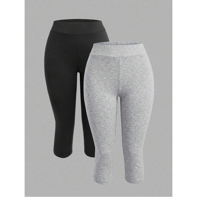 ASANDY Women 95% Cotton Skinny 3/4 Leggings Black And Grey Summer Casual Yoga Activewear High Waist Breathable