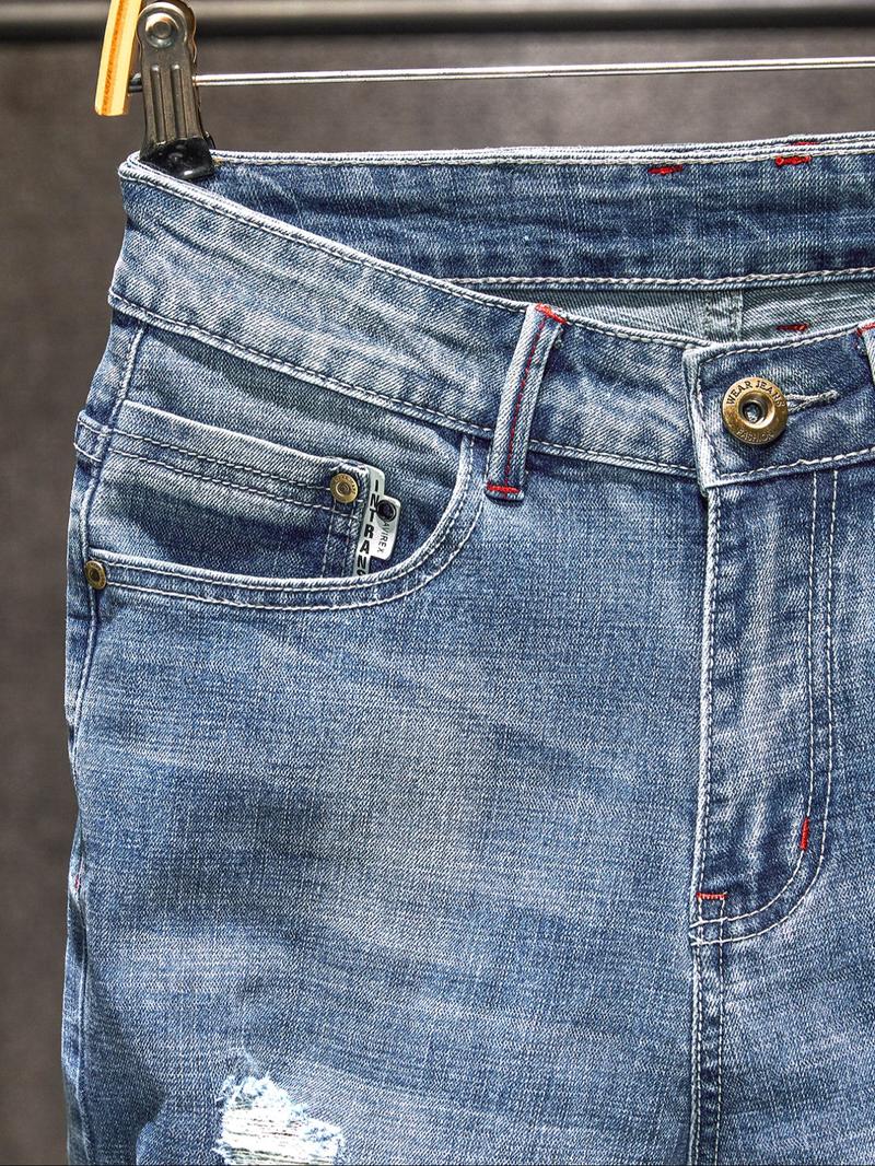 Men's Light Wash Distressed Ripped Fitted Denim Jeans, Trendy American Street Style, Perfect Gift for Husband or Boyfriend