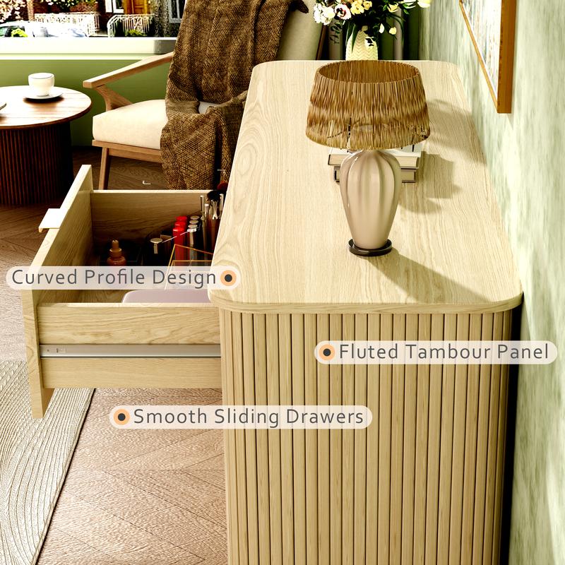 Mid-Century Modern Fluted 6-Drawer Dresser - Curved Profile Design, Solid Oak Wood Storage Cabinet for Bedroom, Living Room, Entryway, or Hallway, Multi-Functional TV Stand & Chest of Drawers