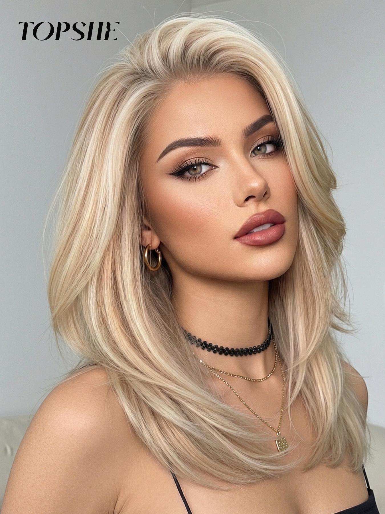 Topshe 13x6 HD Lace Front Wig Blonde Highlights Shoulder Length Curly Hair, Heat Resistant, Breathable, Women's Holiday Wig