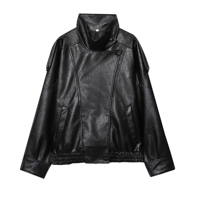 【Black Friday】Women's Stand-Collar Faux Leather Jacket, Streetwear, Long Sleeve Coats for Spring & Fall, Waterproof & Windproof Clothes for Daily Wear, Oversized Jacket, Casual Fashionable Collared Outerwear