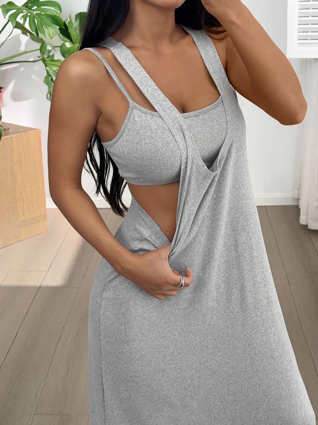 Women's 2pcs Heather solid color Casual Wear Tank Top & Cutout Maxi Dress Set , Soft Stretchy Fabric & Double-Strap Design