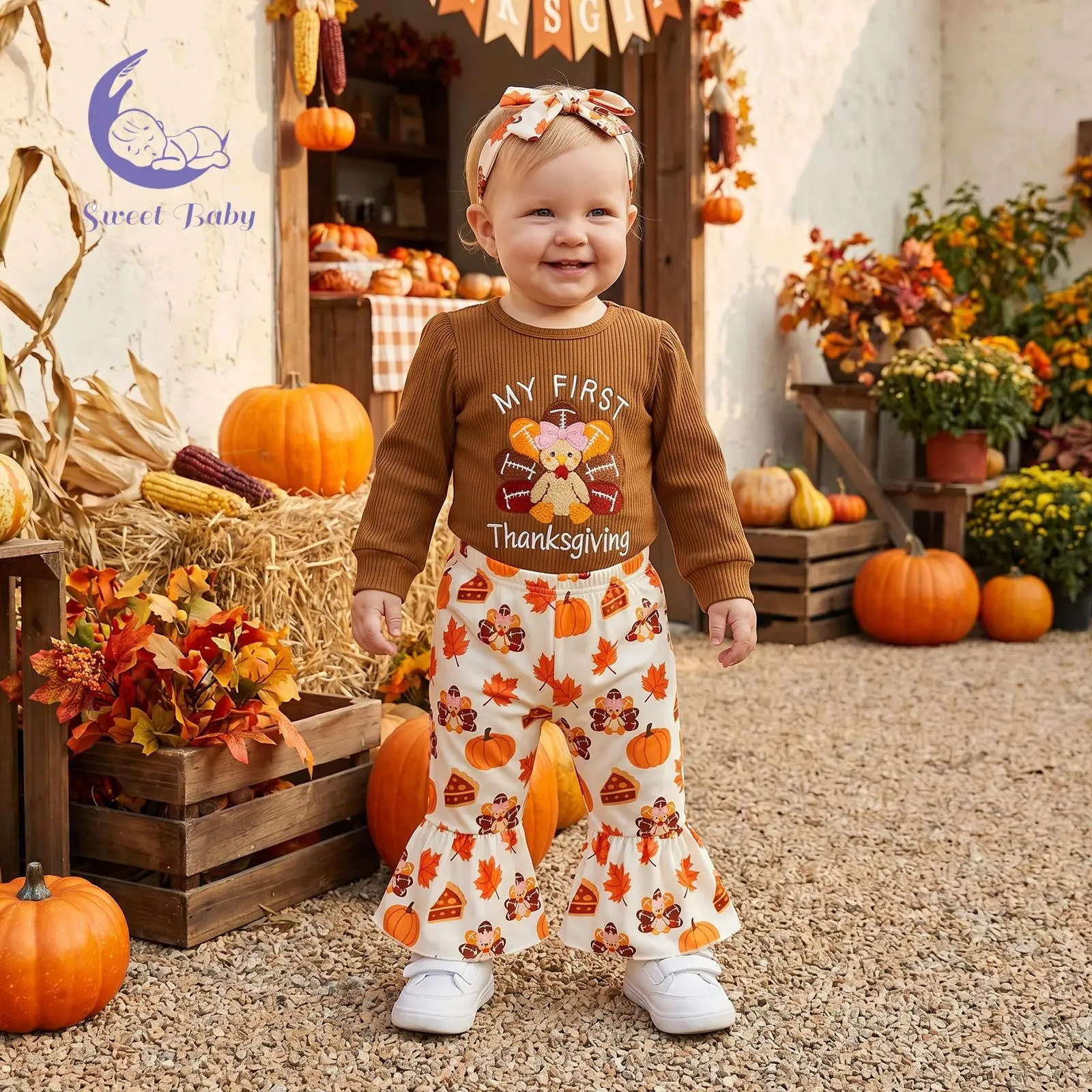 Baby Girls Thanksgiving Outfits Turkey Embroidery Long Sleeves Romper and Prints Flared Pants Headband Set
